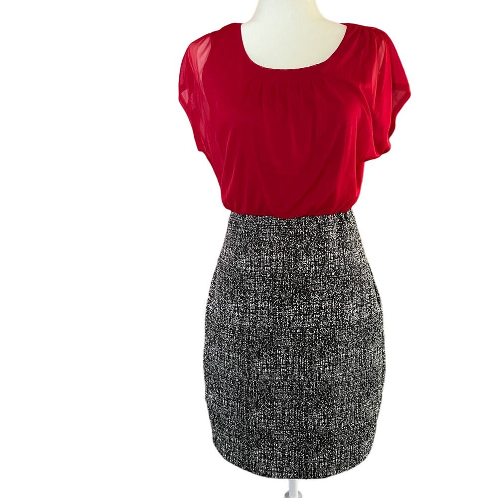 Enfocus Red w/ Black Plaid Dress Pencil Midi Cap Sleeve Size 6